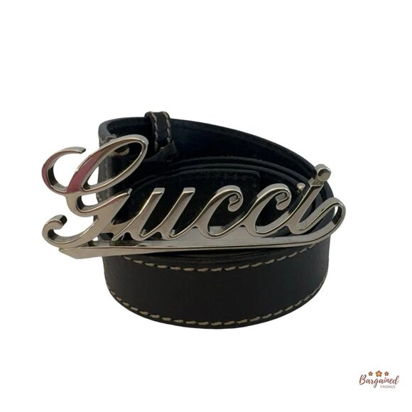 Authentic GUCCI Black Leather Silver Italics Script Logo Buckle Belt 90/36 - Picture 1 of 13